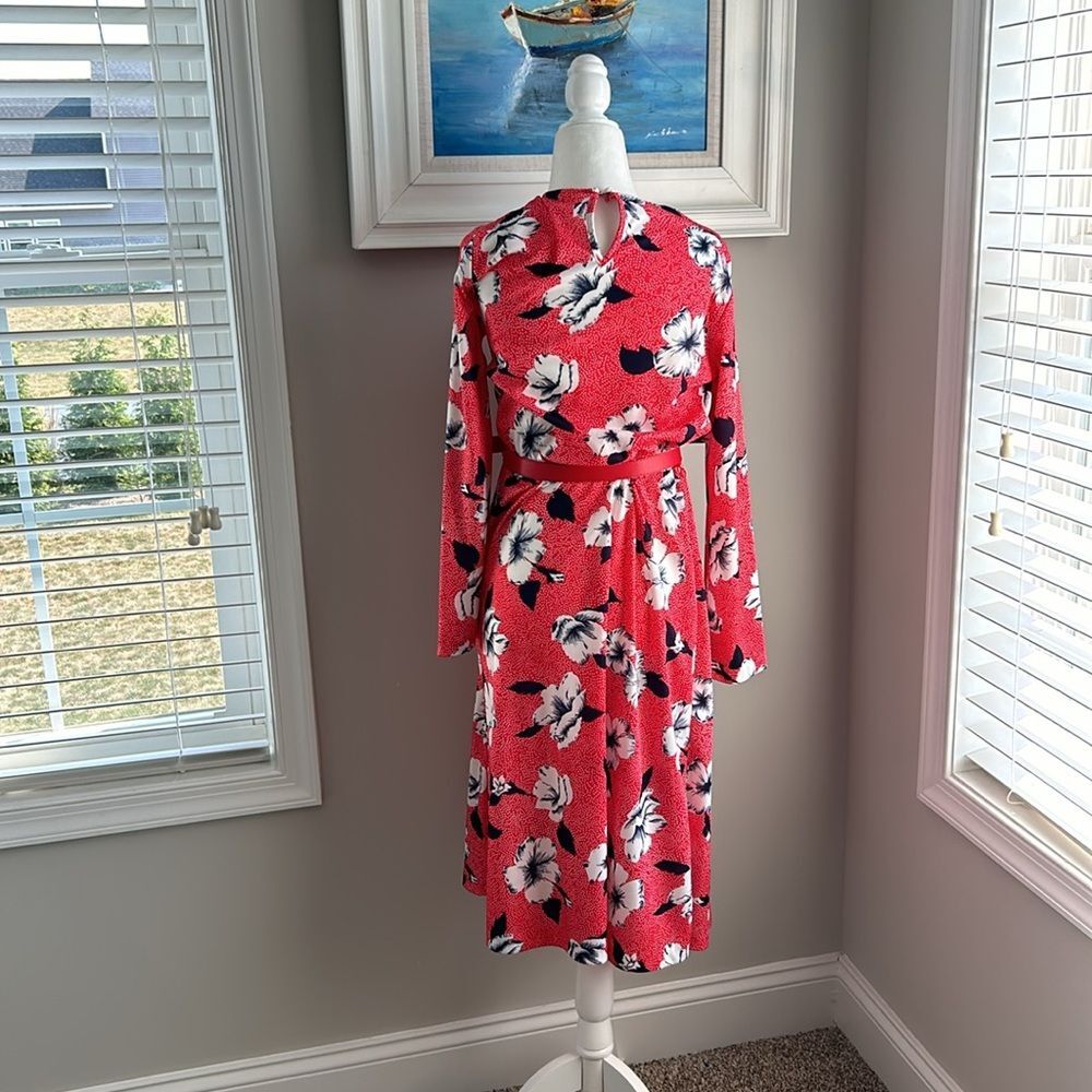 Vintage 80s Blair Red Hibiscus Belted Longsleeve Wrap Midi Dress - Picture 7 of 12